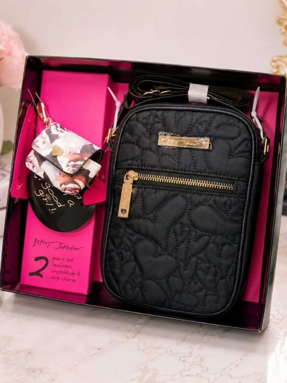 Betsey Johnson Heart Quilted Crossbody & Tech Case Gift Set NWT